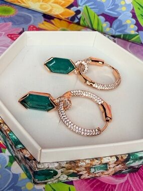 Rose Gold Hoop Earrings with Emerald Green Stone